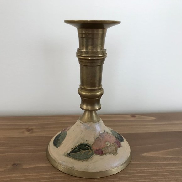 Brass Cloisonne Style Enamel Painted Floral Candlestick 5" Candle Holder - Picture 1 of 5
